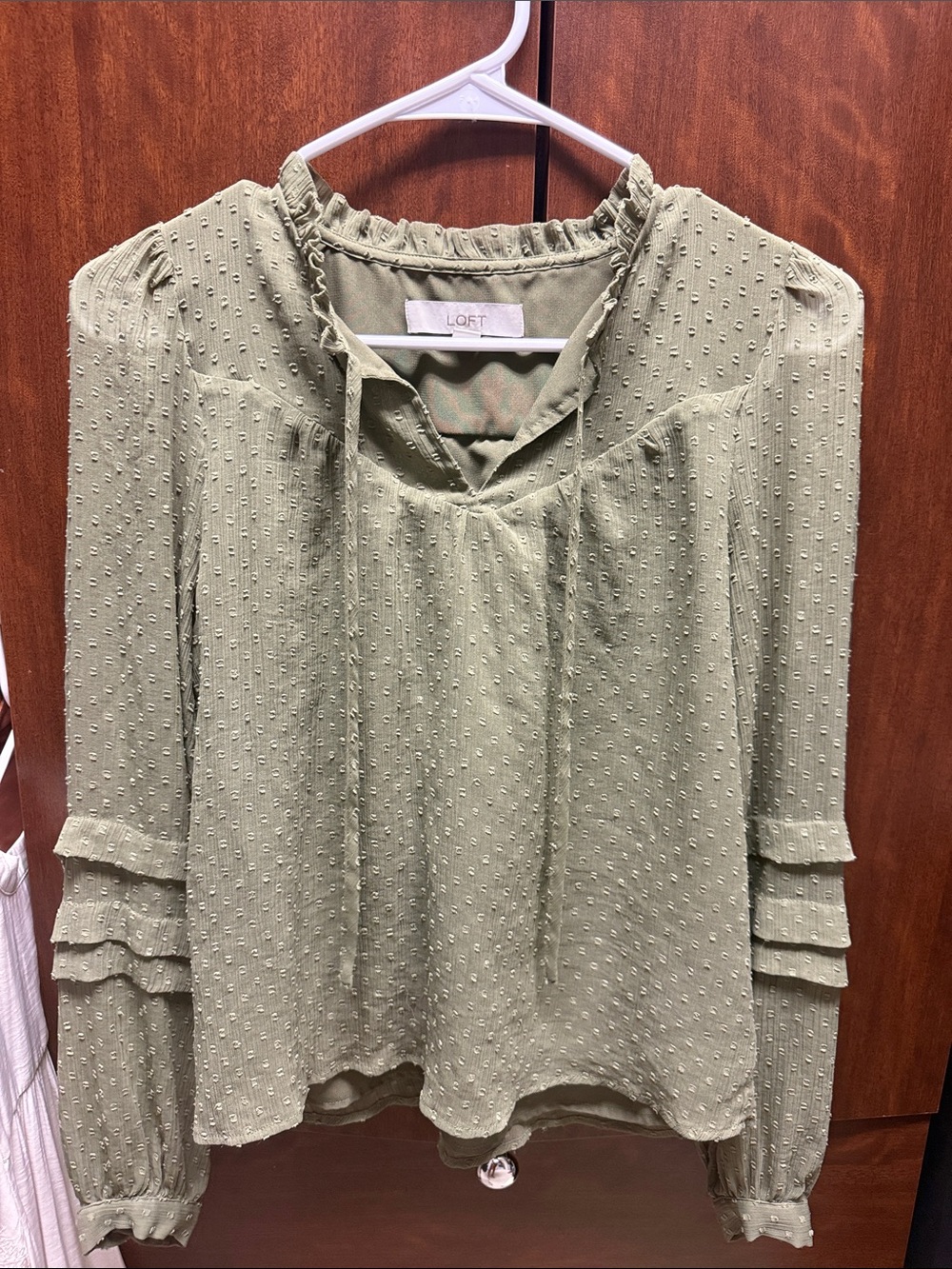 LOFT Olive Tie-Neck Swiss Dot Blouse